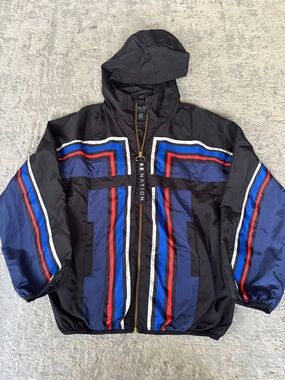 P.E Nation Black Hooded Windbreaker with Blue, Red & White Stripe Panels